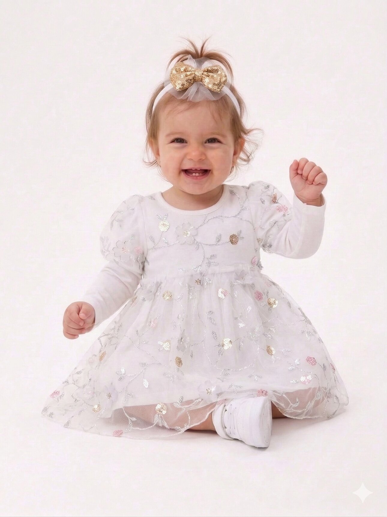 Pamuklu Tül Detaylı Bandanalı Kız Bebek Elbise