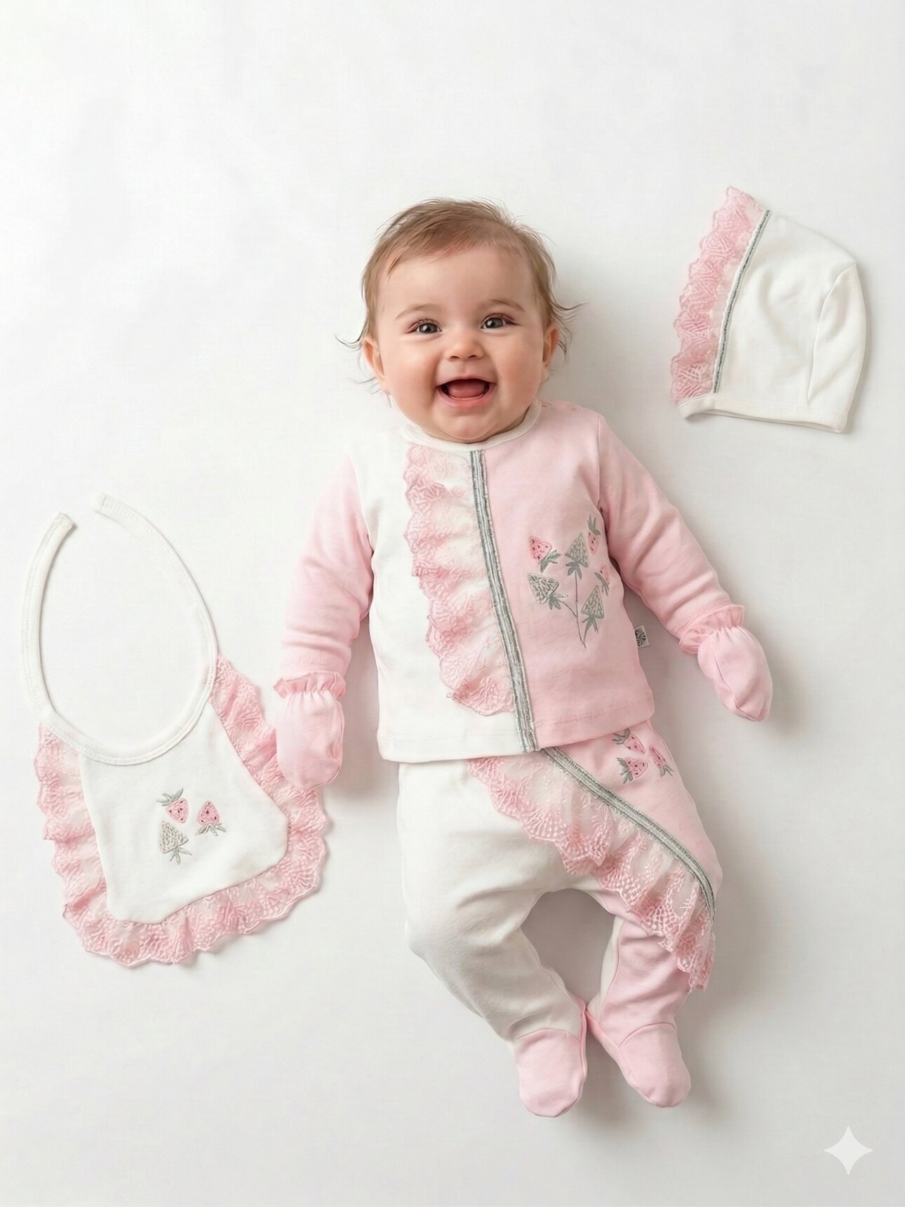 Yenidoğan %100 Pamuk Kız Bebek Çilek Nakış Detaylı Hastane Çıkış Seti