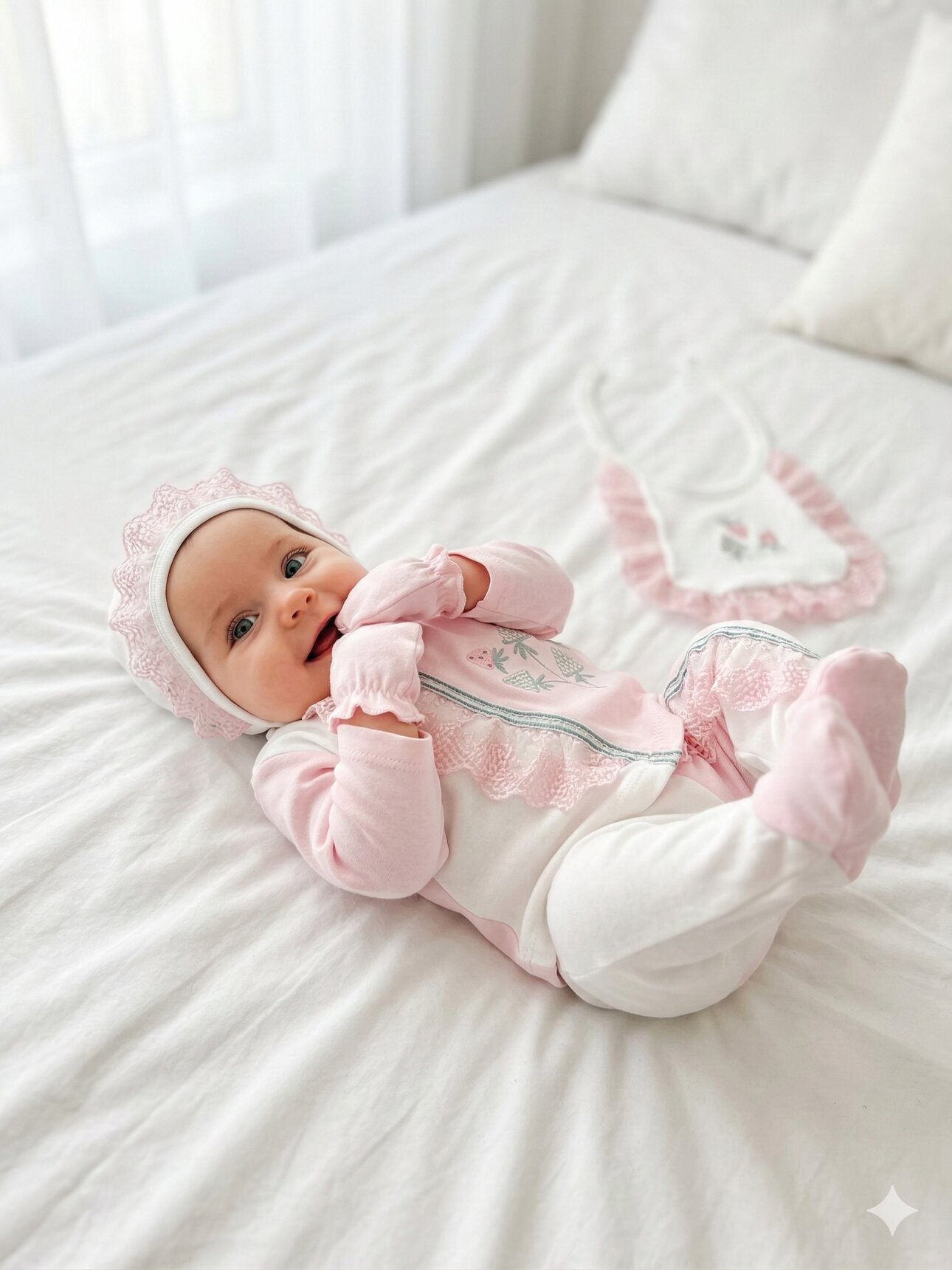 Yenidoğan %100 Pamuk Kız Bebek Çilek Nakış Detaylı Hastane Çıkış Seti