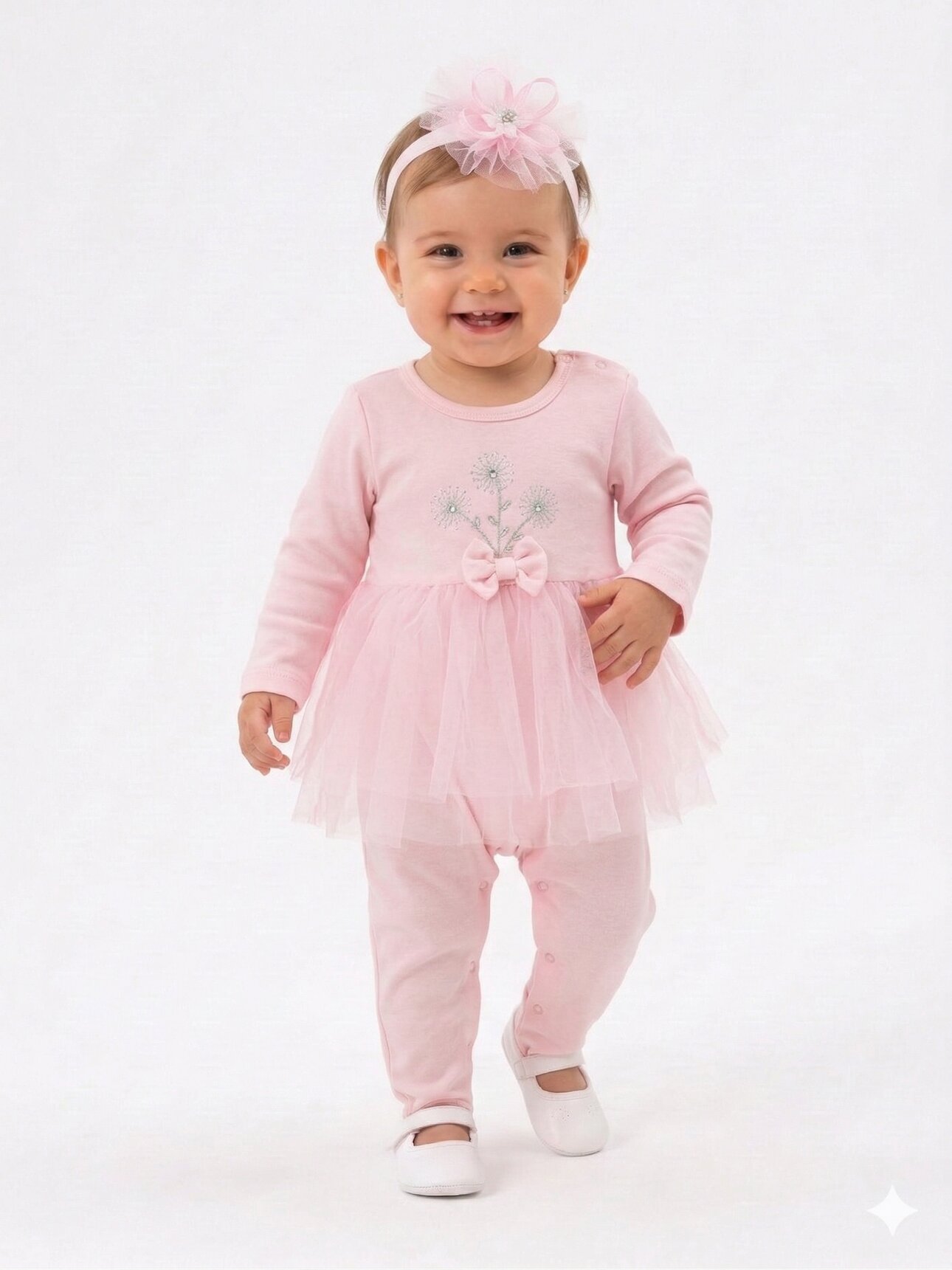 Pamuklu Çiçek İşlemeli Kız Bebek Zıbın 3lü Takım
