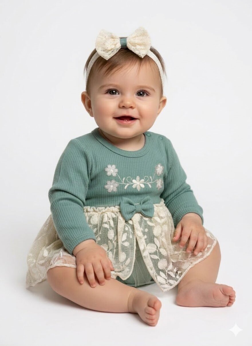 Pamuklu Çiçek işlemeli Tül Detaylı Kız Bebek Elbise