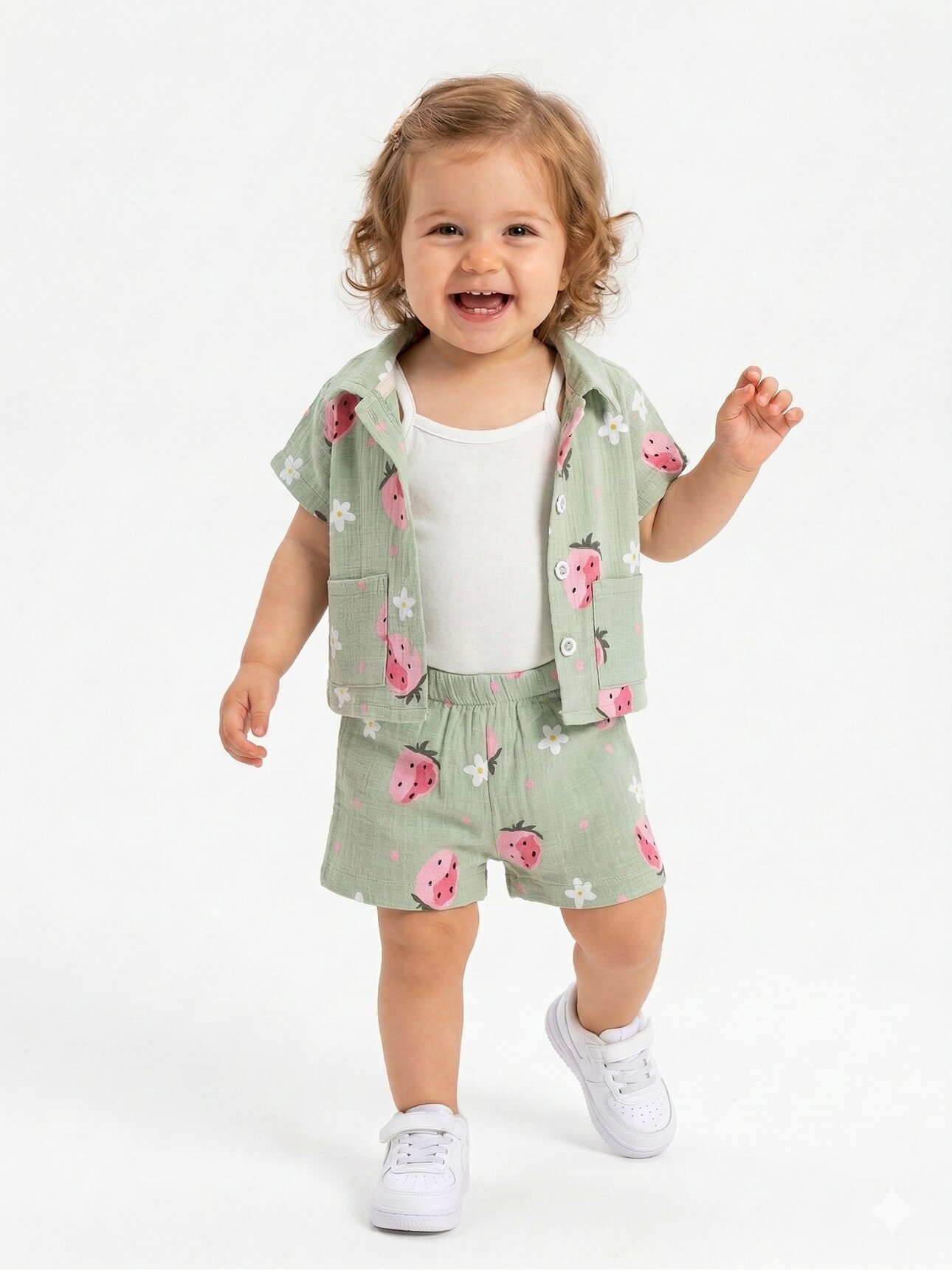 Pamuklu Çilek Detaylı Müslin 3lü Kız Bebek Takım