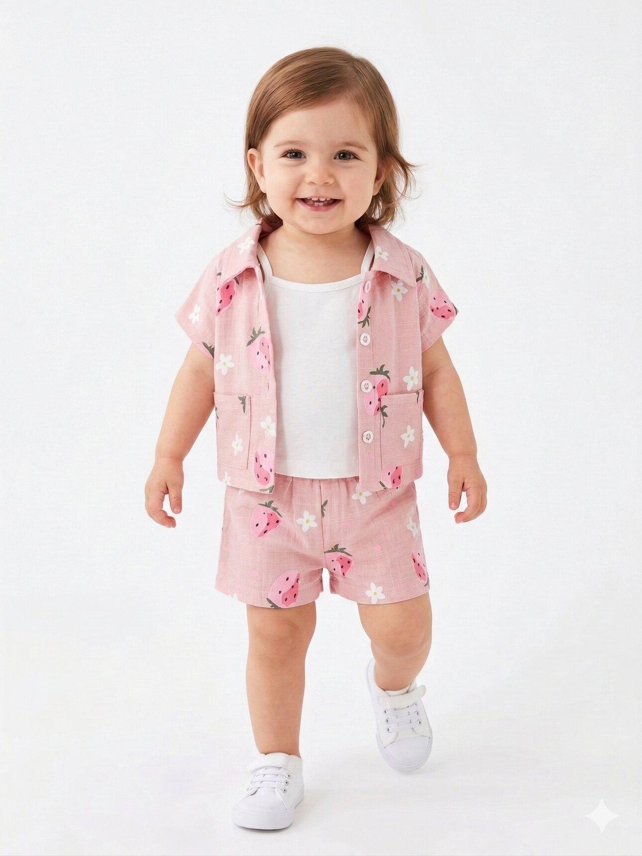 Pamuklu Çilek Desenli Müslin 3lü Kız Bebek Takım