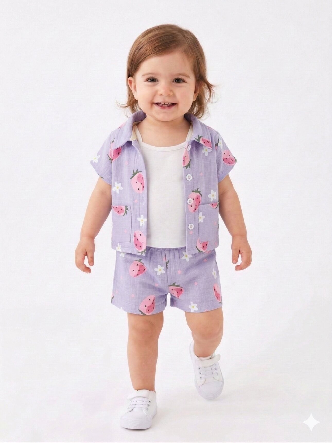 Pamuklu Çilek Desenli Müslin 3lü Kız Bebek Takım