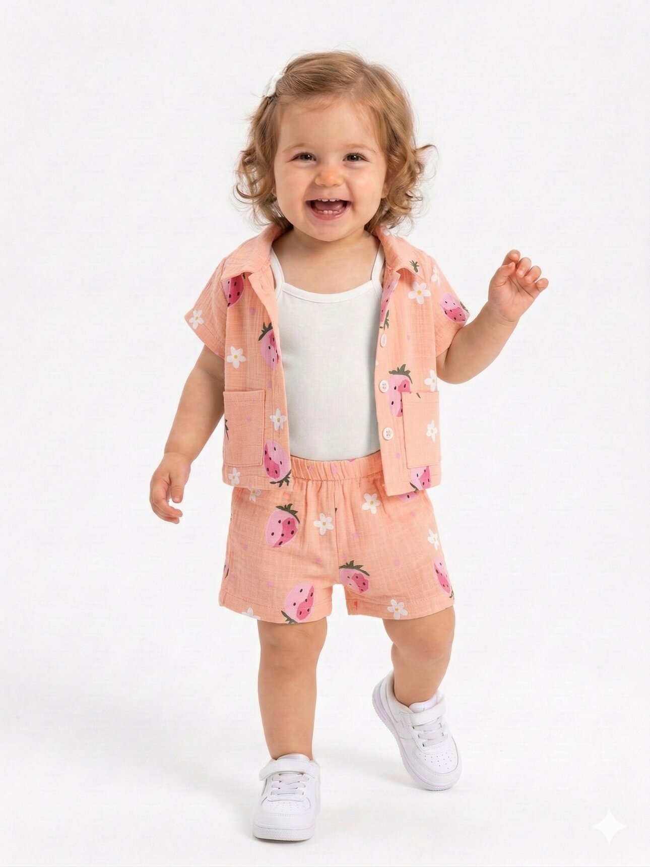 Pamuklu Çilek Desenli Müslin 3lü Kız Bebek Takım