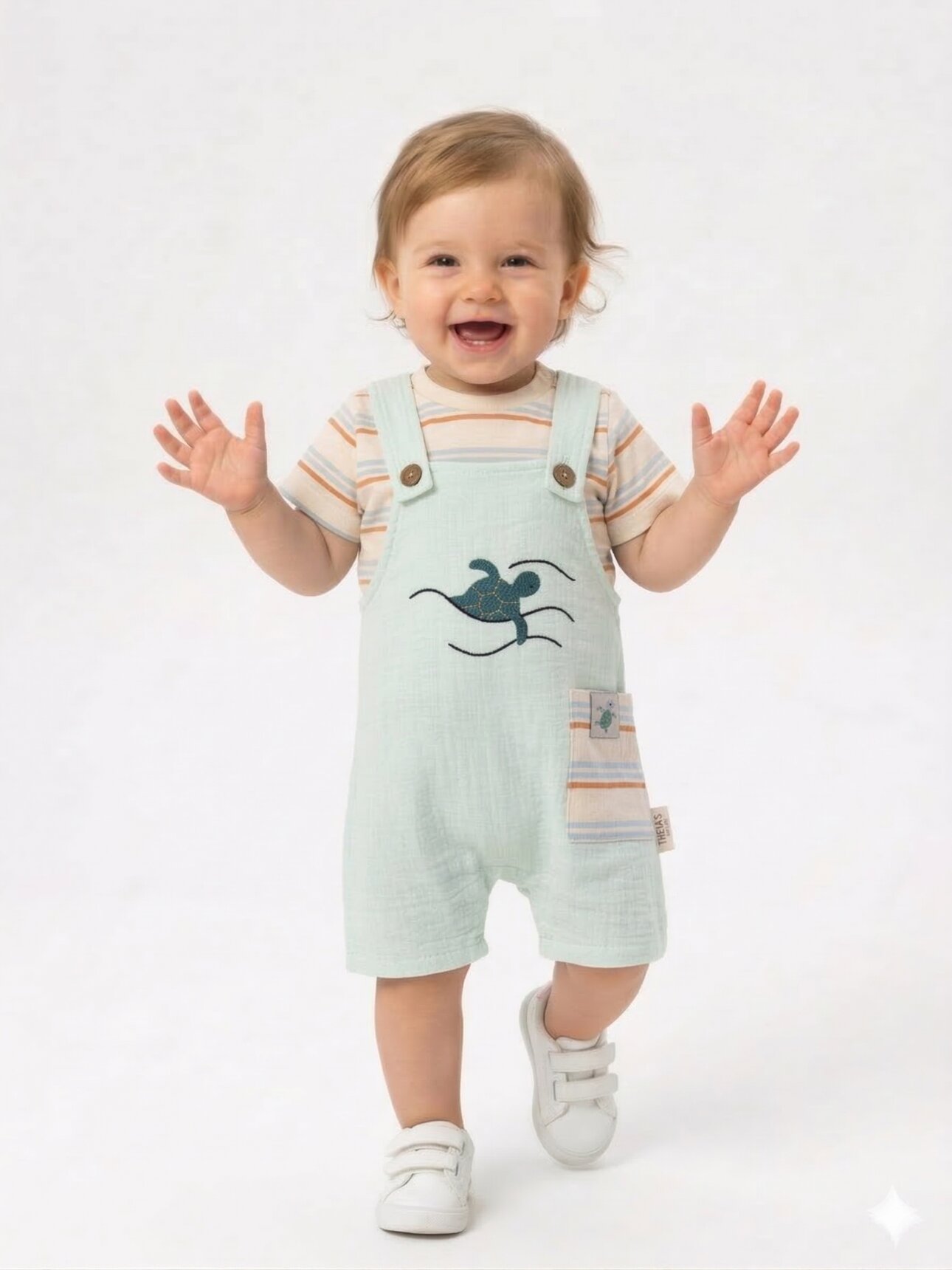 Pamuklu Kaplumbağa Desenli  Müslin 2li Erkek Bebek Tulum Salopet