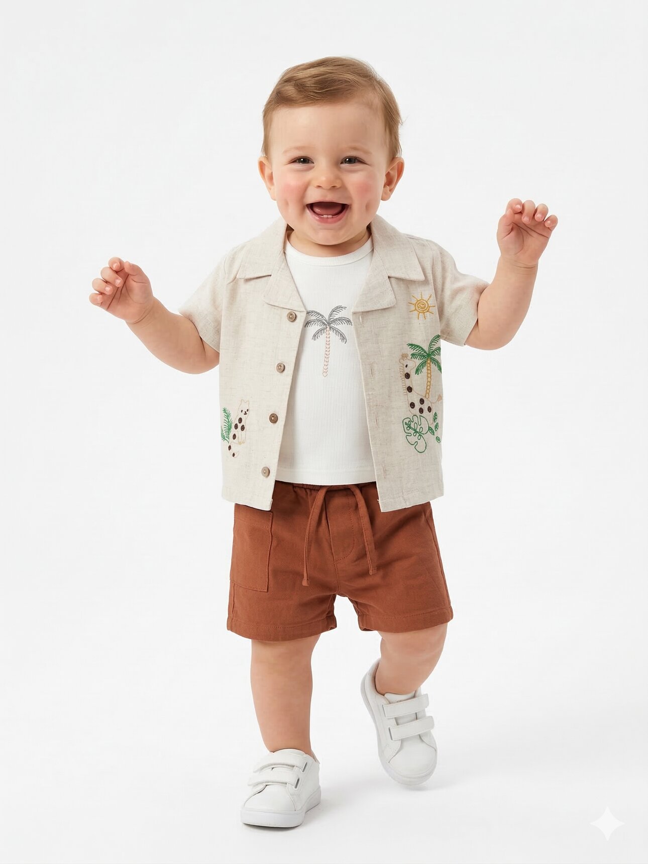 Pamuklu Palmiye Desenli Keten 3lü Erkek Bebek Takım