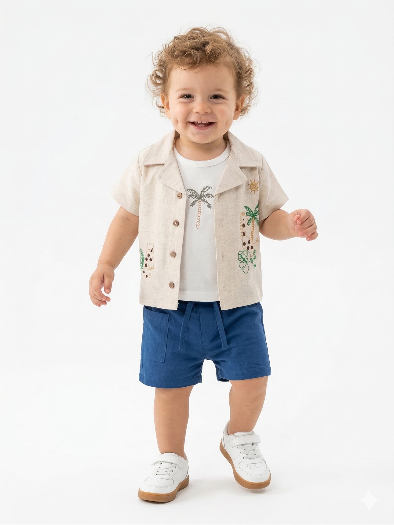 Pamuklu Palmiye Desenli Keten 3lü Erkek Bebek Takım