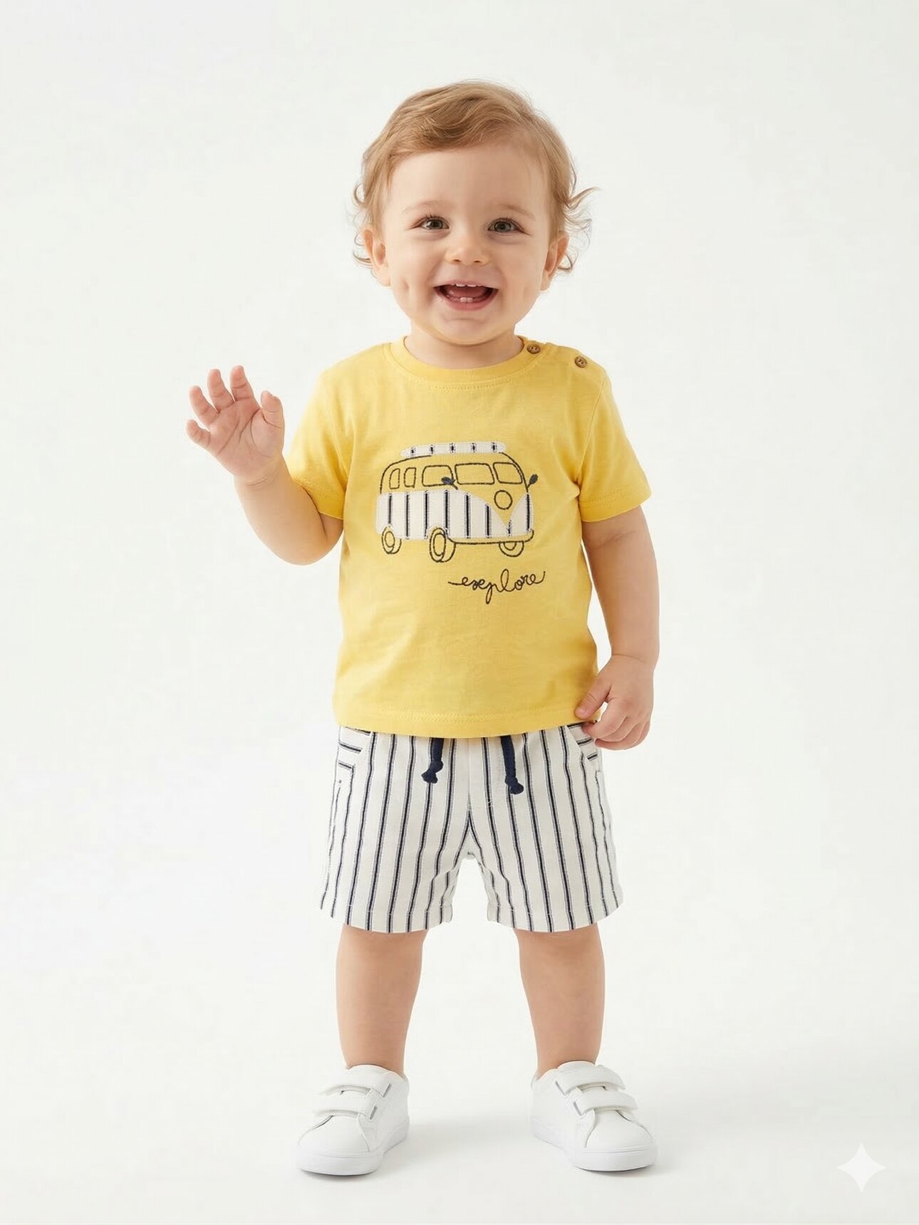 Pamuklu Karavan Detaylı Şeritli Poplin Kumaş Şortlu Erkek Bebek 2li Takım
