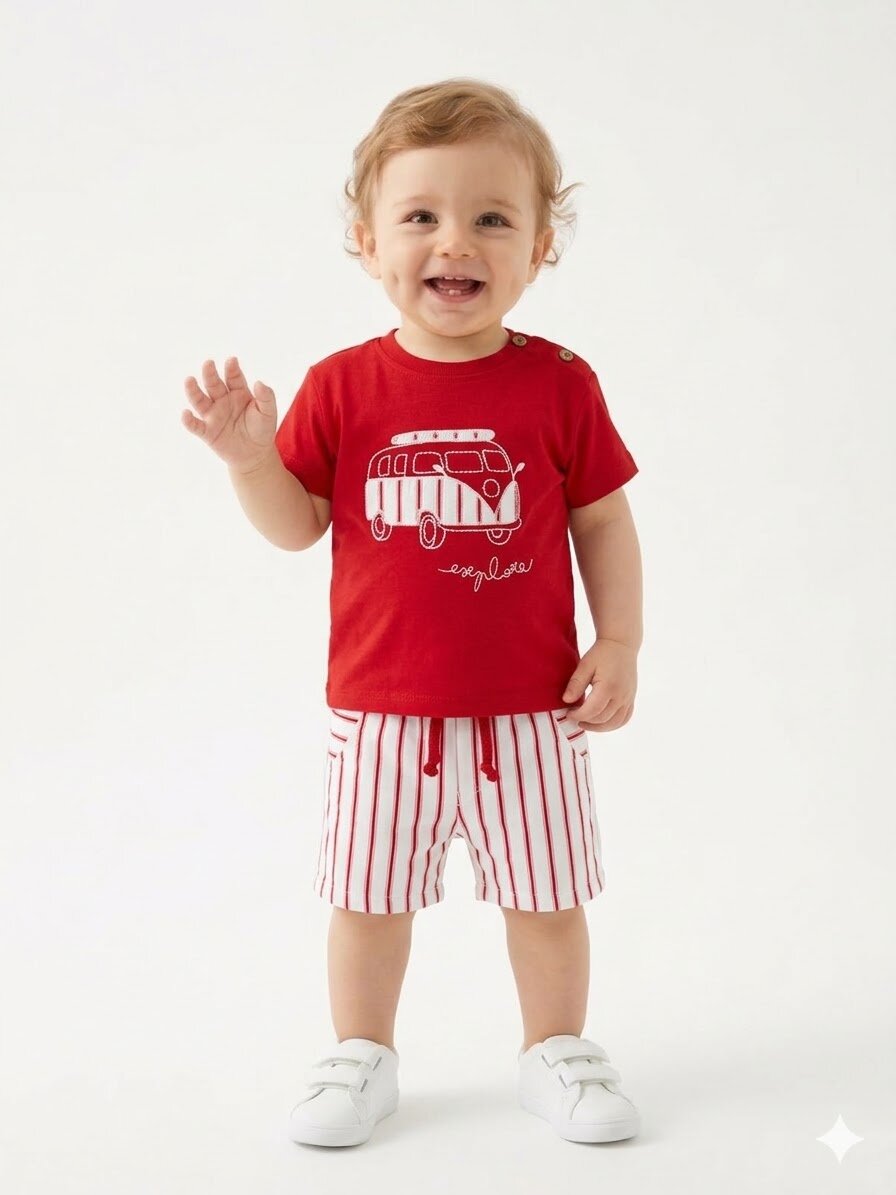 Pamuklu Karavan Detaylı Şeritli Poplin Kumaş Şortlu Erkek Bebek 2li Takım