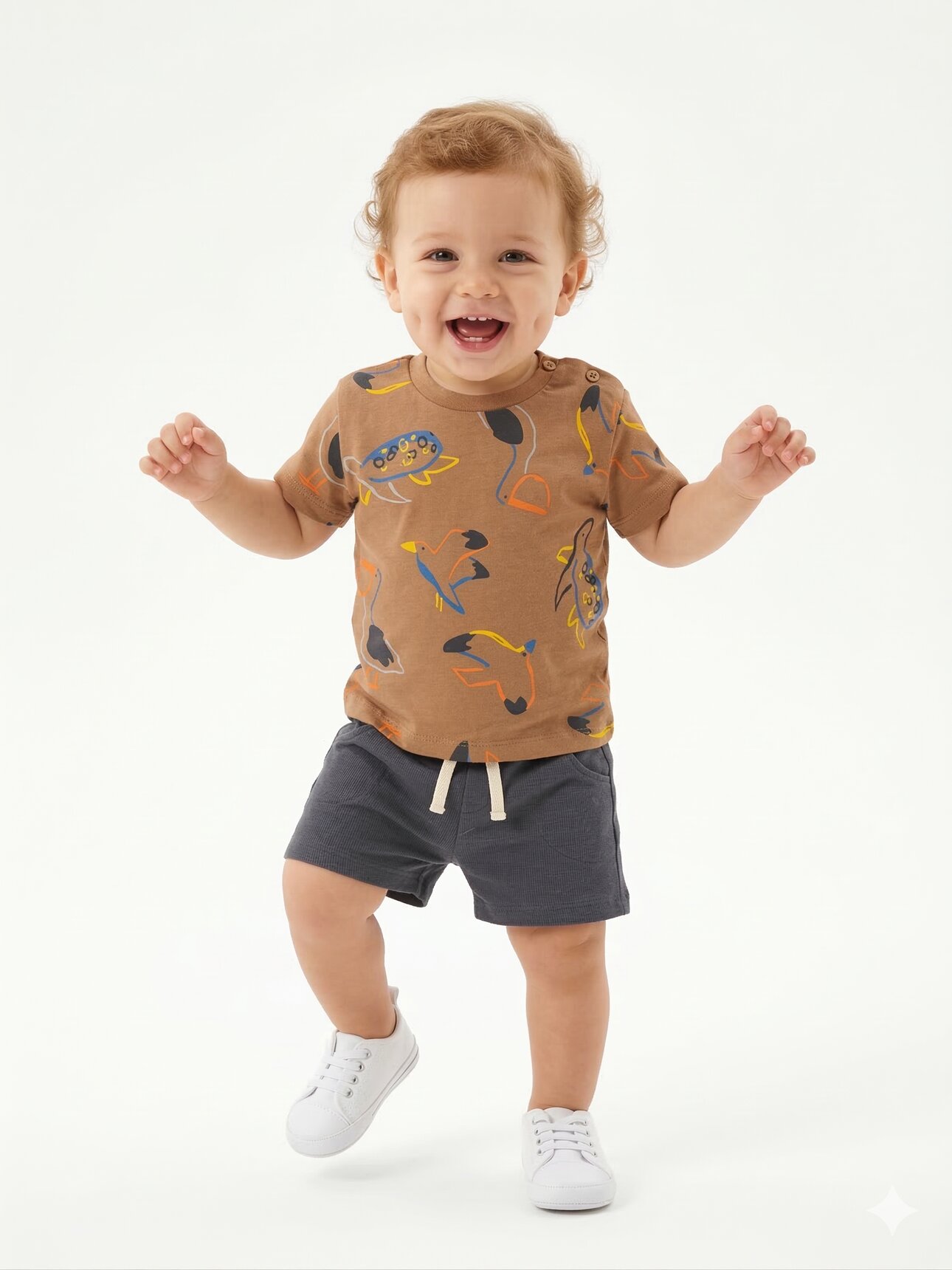 Pamuklu Sevimli Deniz Canlıları Desenli Erkek Bebek 2li Takım