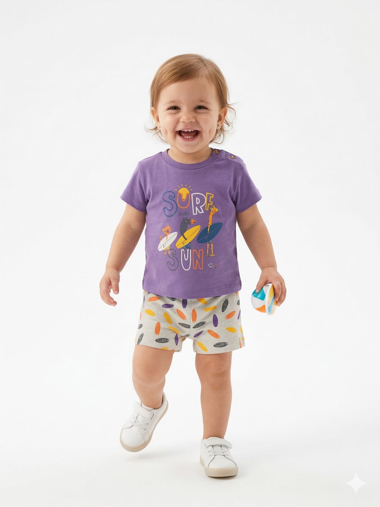 Organik Pamuklu Surf Detaylı Kız Bebek 2li Takım