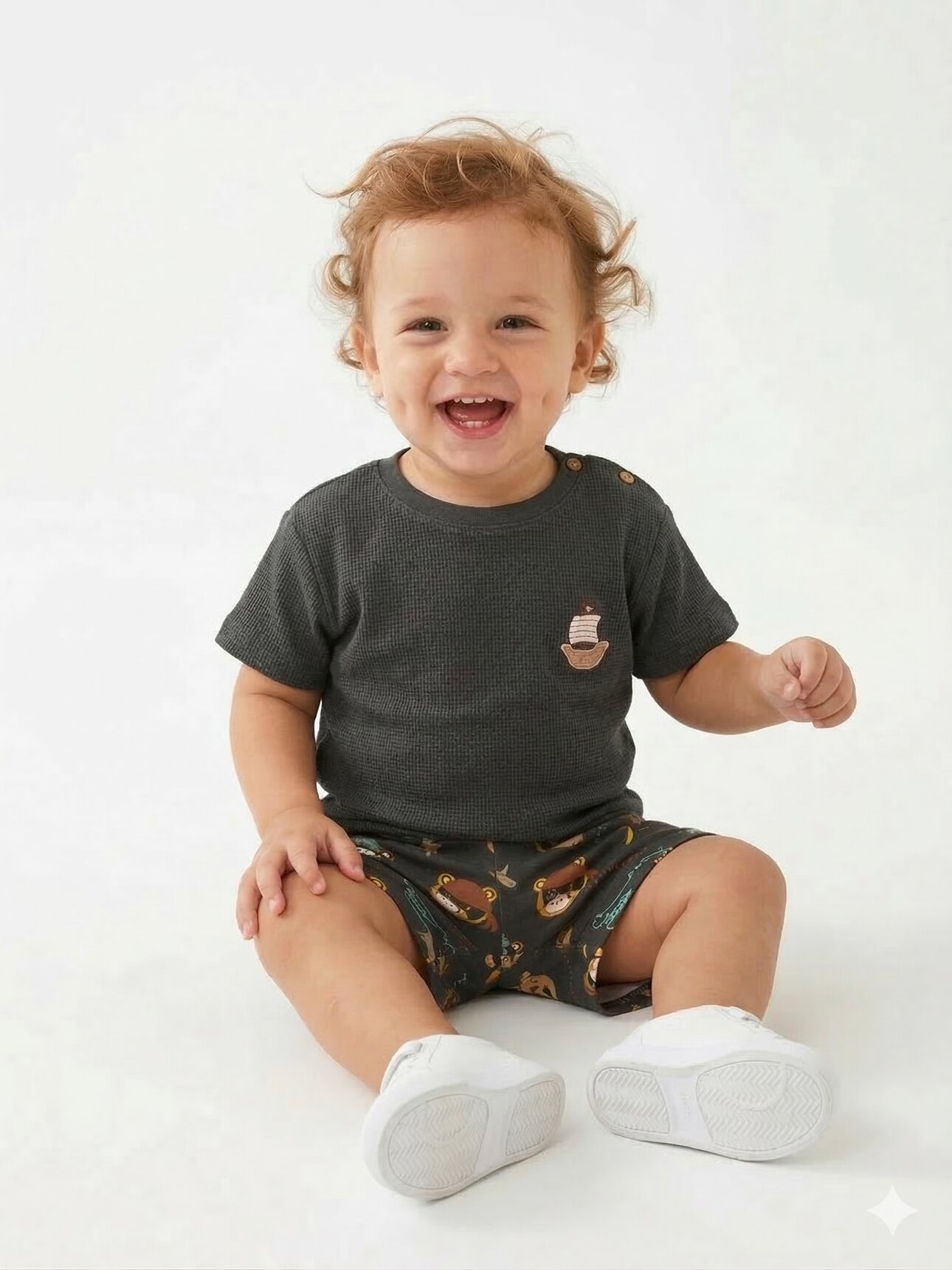 Pamuk Yelken Nakış Detaylı Waffle Kumaş Şortlu Erkek Bebek 2li Takım