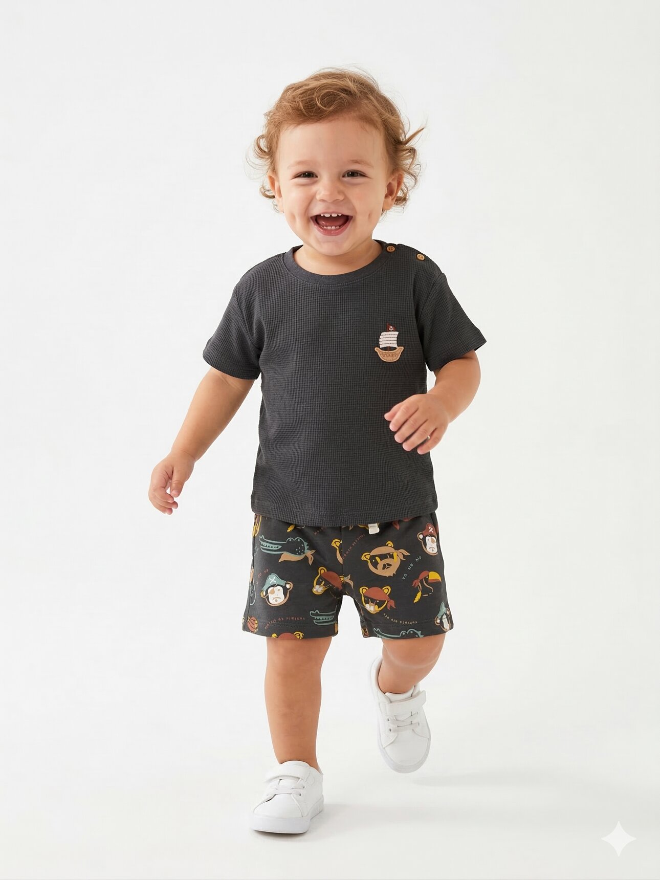 Pamuk Yelken Nakış Detaylı Waffle Kumaş Şortlu Erkek Bebek 2li Takım