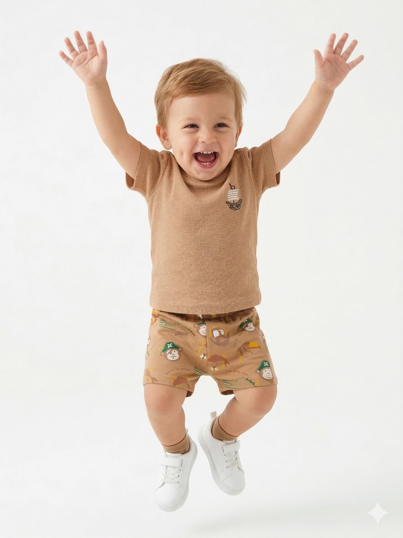 Pamuk Yelken Nakış Detaylı Waffle Kumaş Şortlu Erkek Bebek 2li Takım