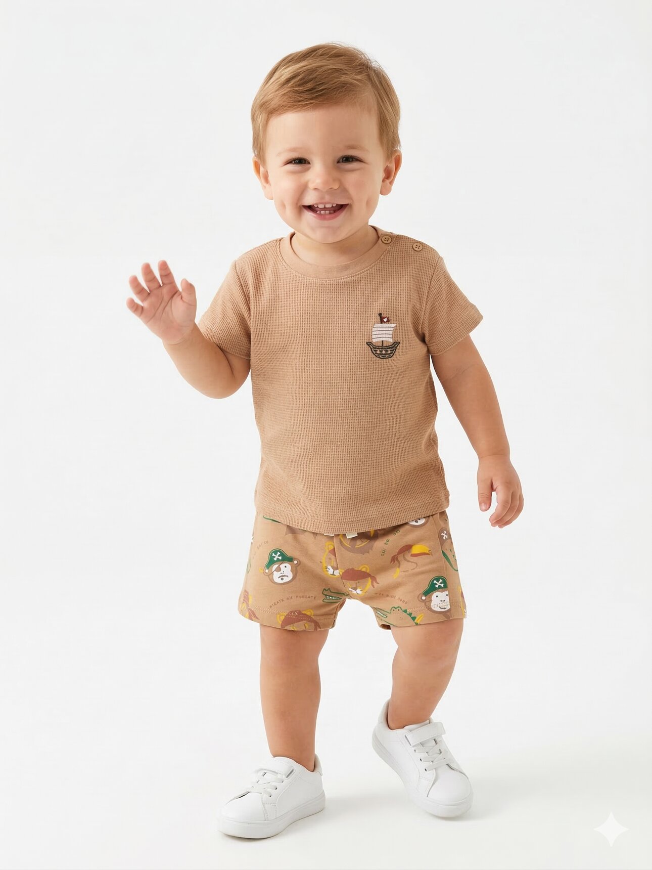 Pamuk Yelken Nakış Detaylı Waffle Kumaş Şortlu Erkek Bebek 2li Takım
