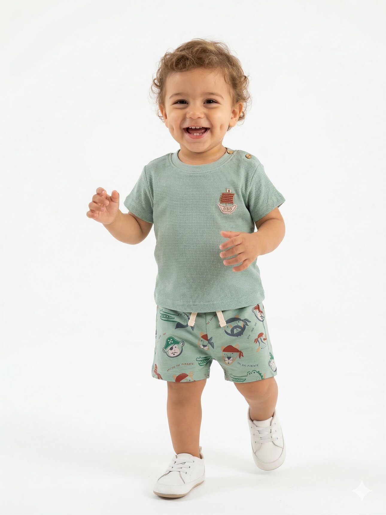 Pamuk Yelken Nakış Detaylı Waffle Kumaş Şortlu Erkek Bebek 2li Takım