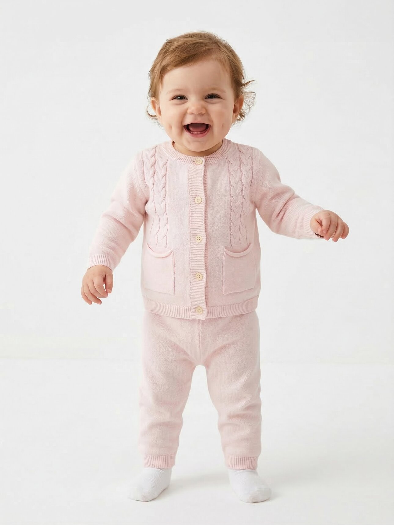 Yumuşak Triko Cep Detaylı Hırkalı 2li Kız Bebek Takım