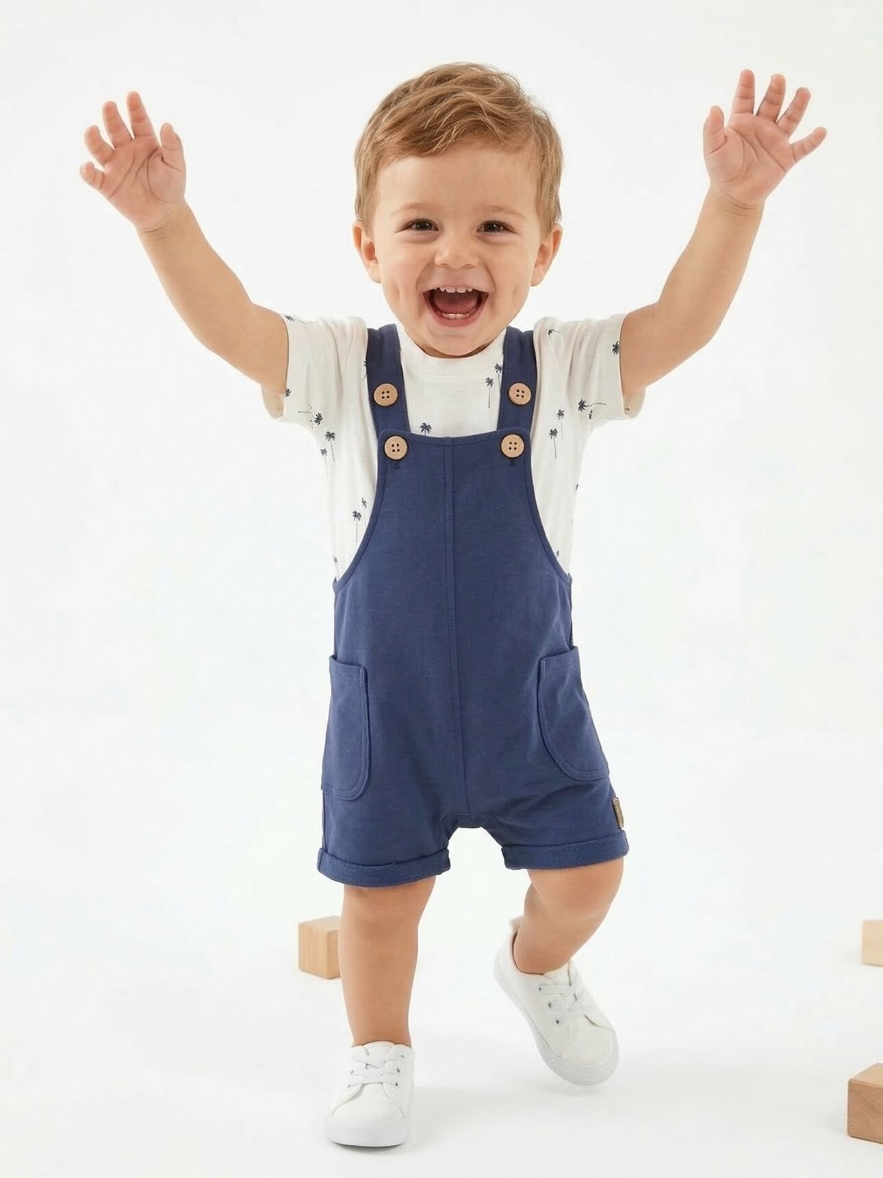 Pamuklu Palmiye Desenli Tulum ve Tişört 2li Erkek Bebek Takım