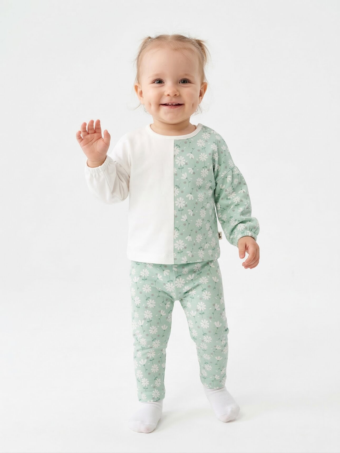 Pamuklu Çiçek Detaylı  Balon Kol Mevsimlik 2li Kız Bebek Takım