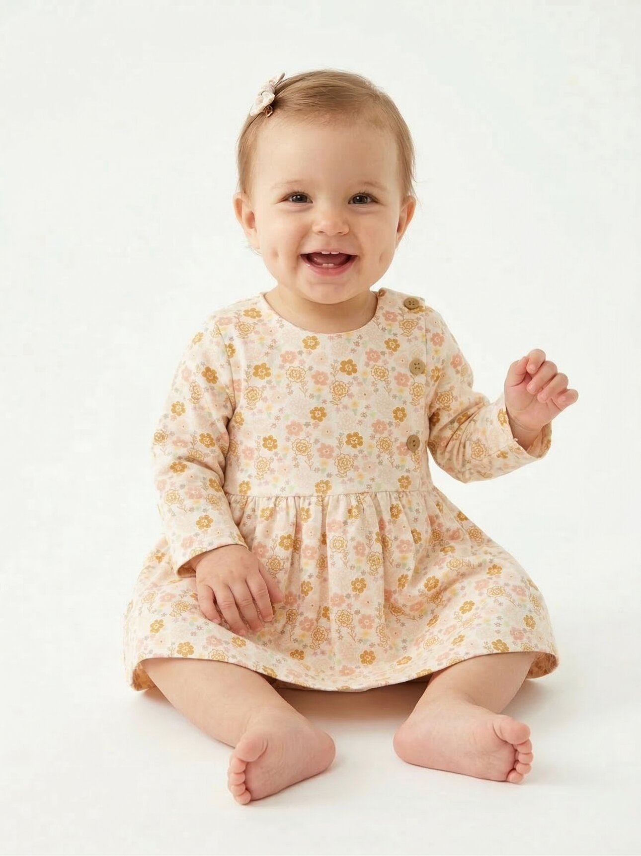 Pamuklu Çiçek Desenli Uzun Kollu Kız Bebek Elbisesi