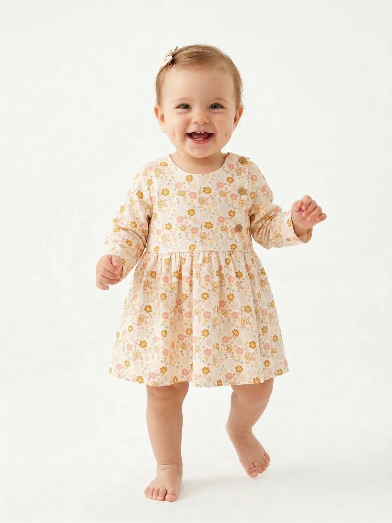 Pamuklu Çiçek Desenli Uzun Kollu Kız Bebek Elbisesi