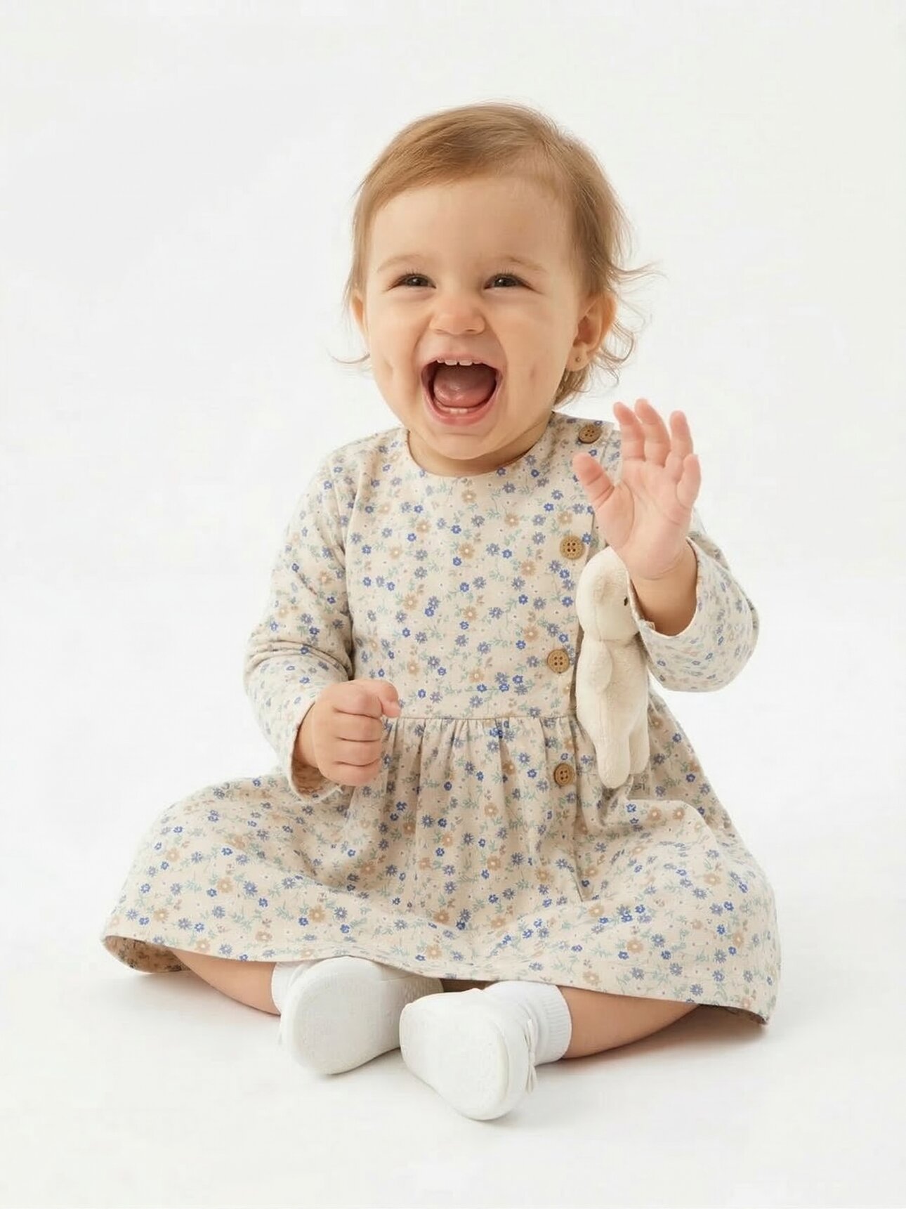 Pamuklu Çiçek Desenli Düğmeli Uzun Kollu Elbise Kız Bebek
