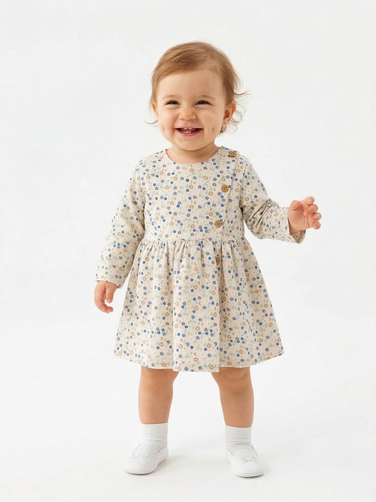 Pamuklu Çiçek Desenli Düğmeli Uzun Kollu Elbise Kız Bebek