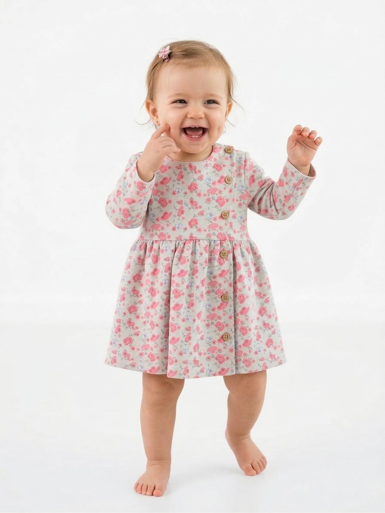 Pamuklu Çiçek Desenli Düğmeli Kız Bebek Elbise