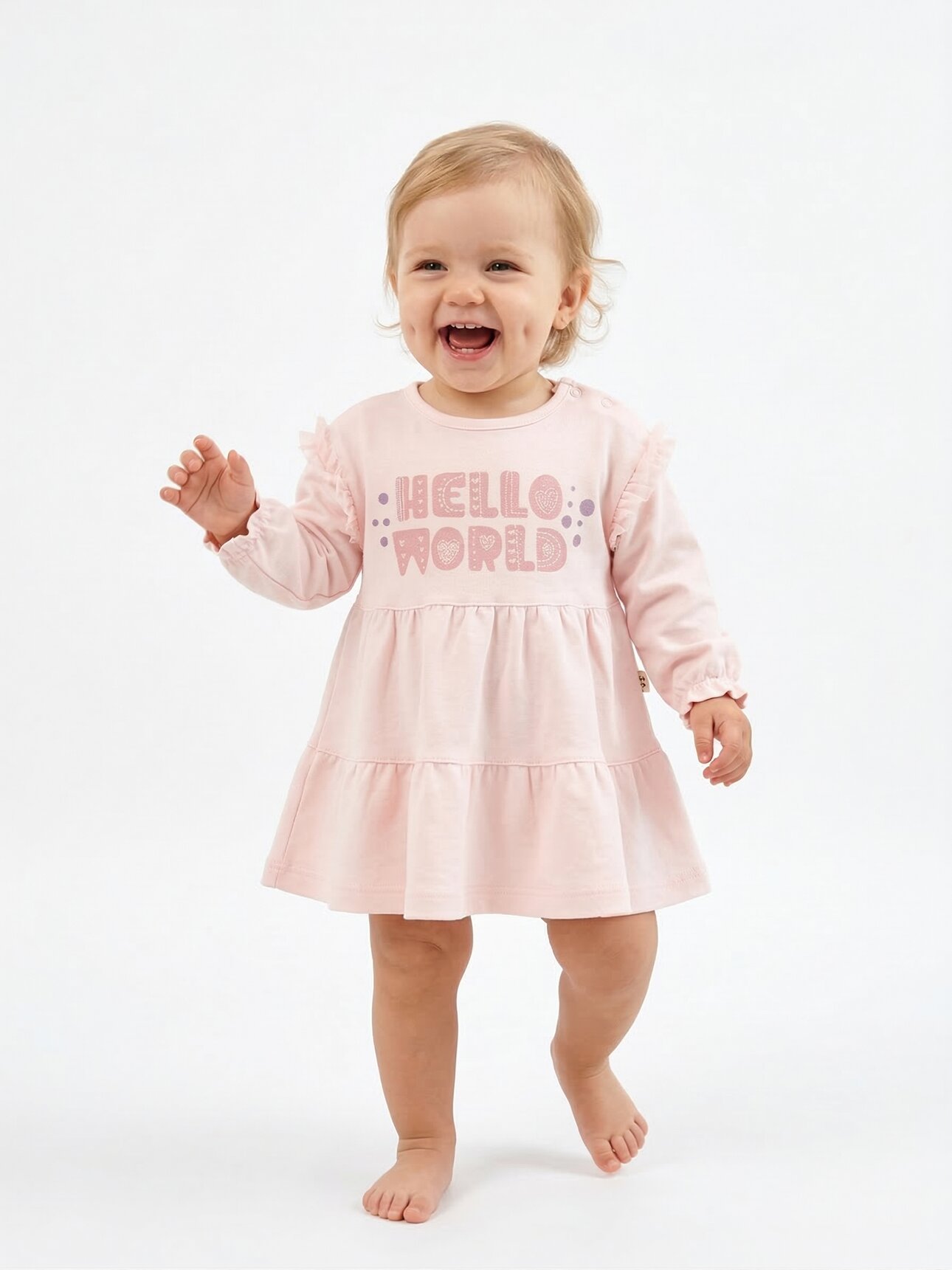 Pamuklu Penye Güür Detaylı Kız Bebek Elbise