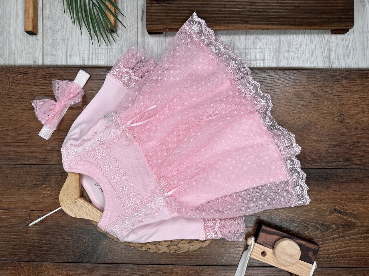 Pamuklu Tül Detaylı Bandanalı Kız Bebek Elbise