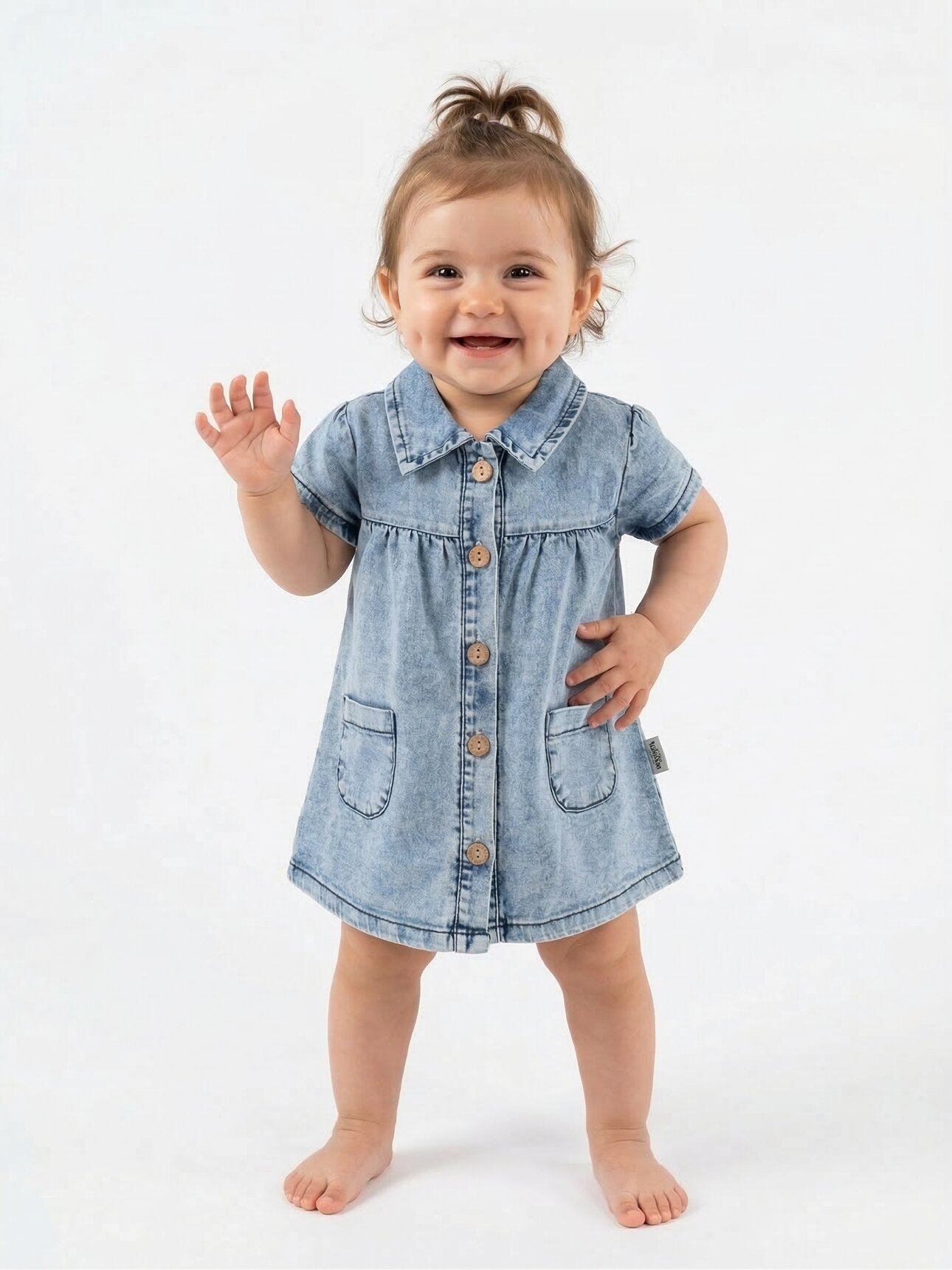 Kot Kumaş Düğmeli Kaliteli Kız Bebek Elbise