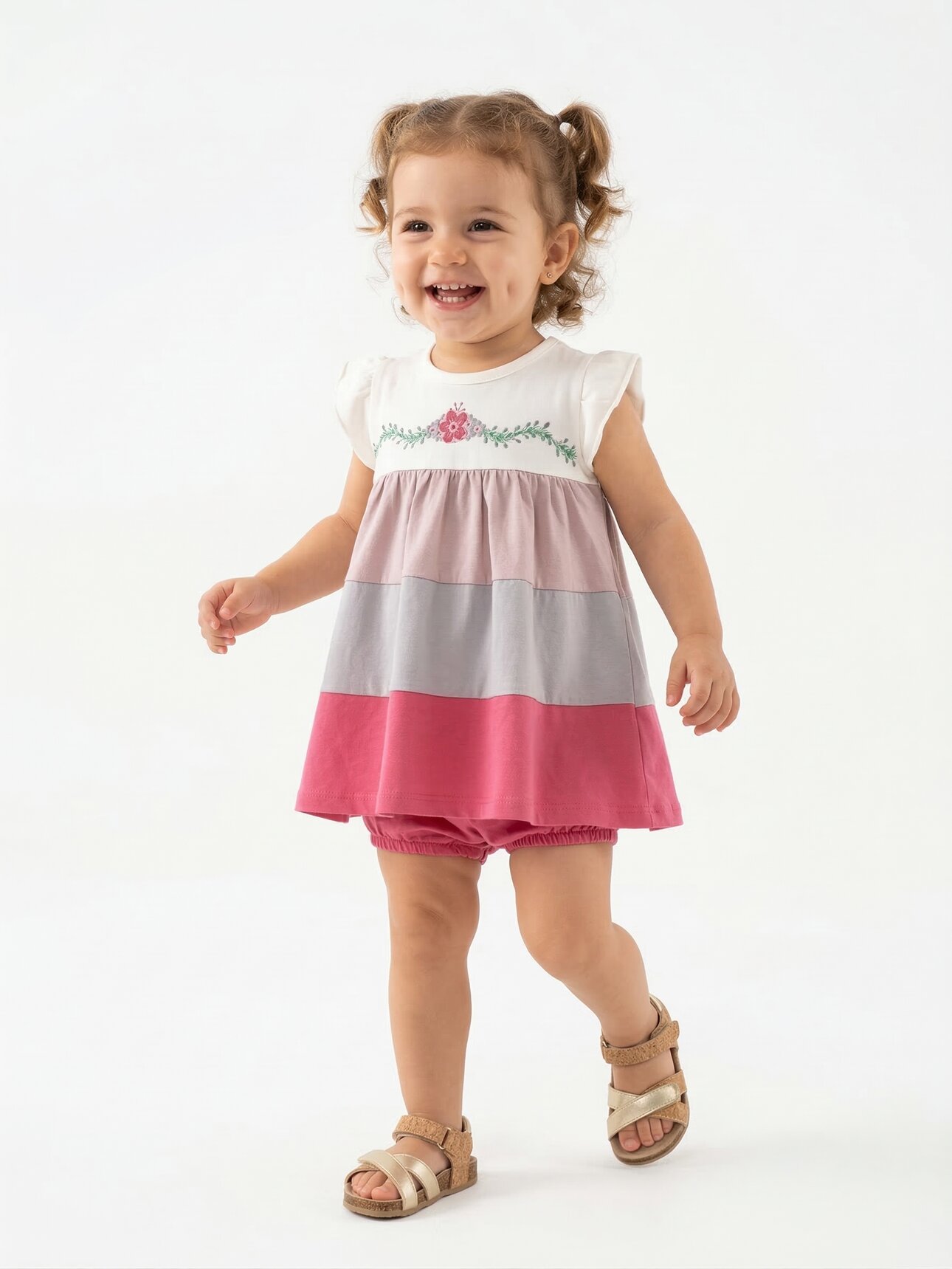 Çiçek Nakış Detaylı Askılı Külotlu 2li Kız Bebek Elbise