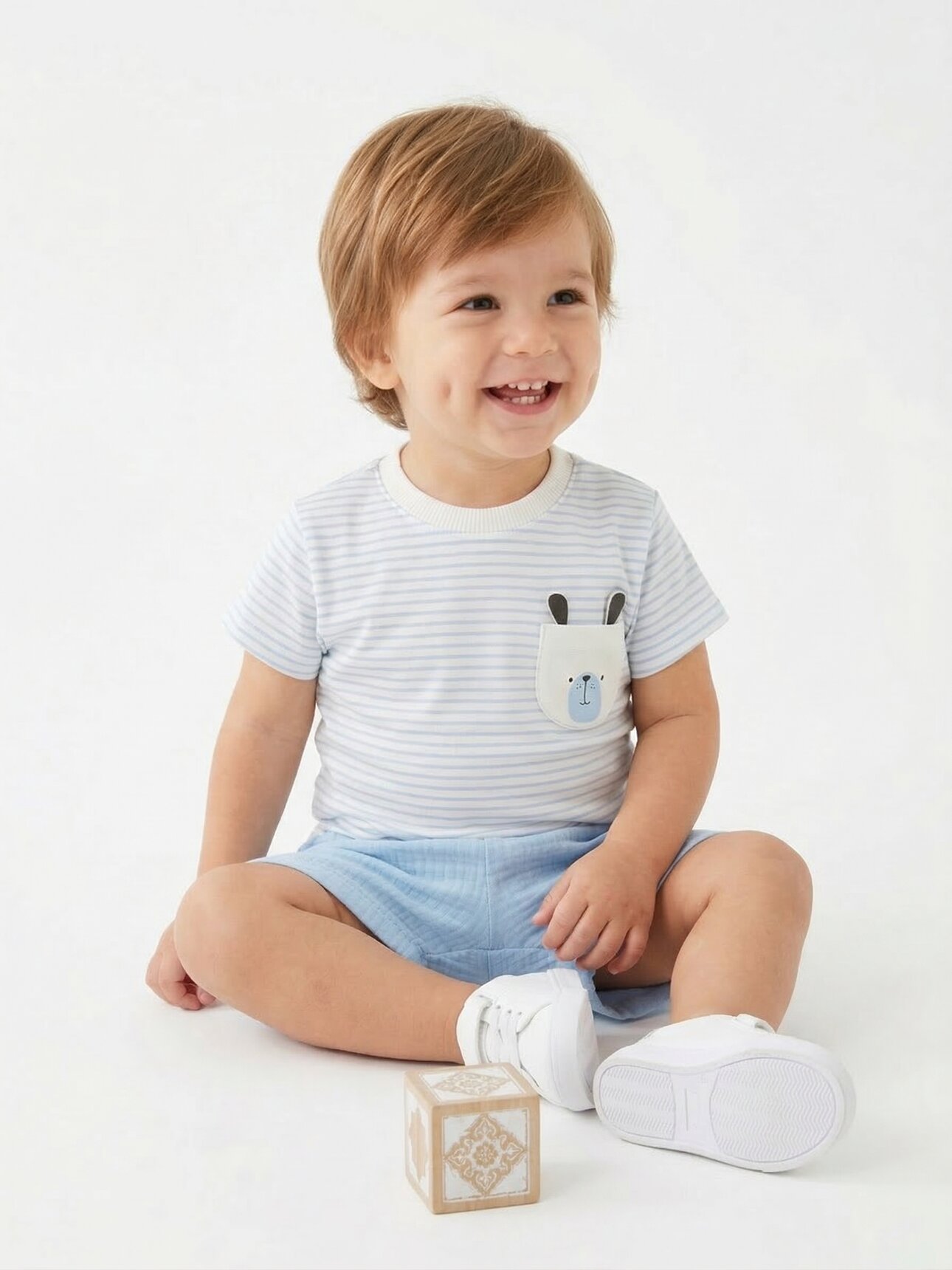 Pamuklu Sevimli Ayıcık Cep Detaylı Organik Müslin Şortlu Erkek Bebek 2li Şortlu Takım