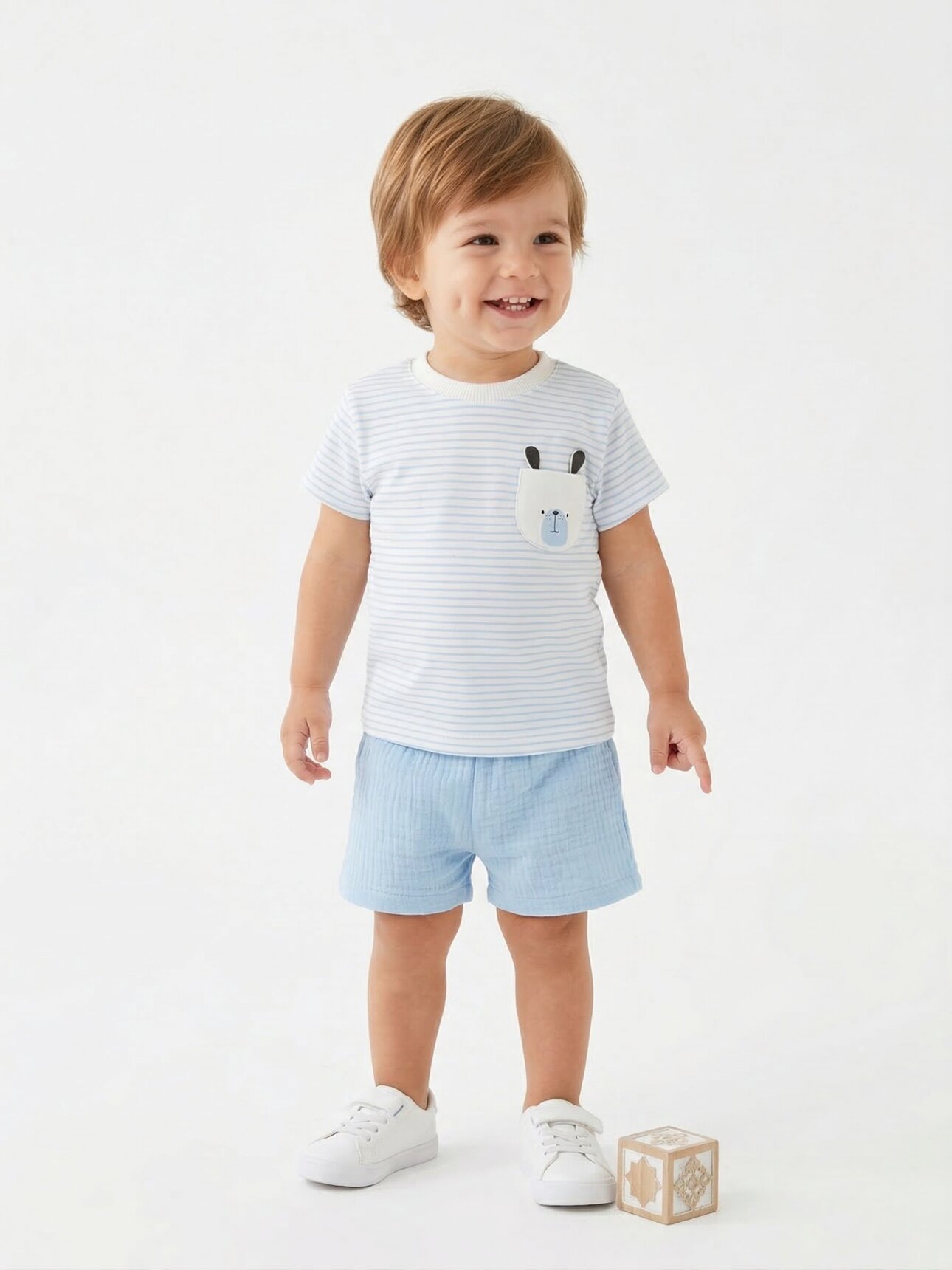 Pamuklu Sevimli Ayıcık Cep Detaylı Organik Müslin Şortlu Erkek Bebek 2li Şortlu Takım