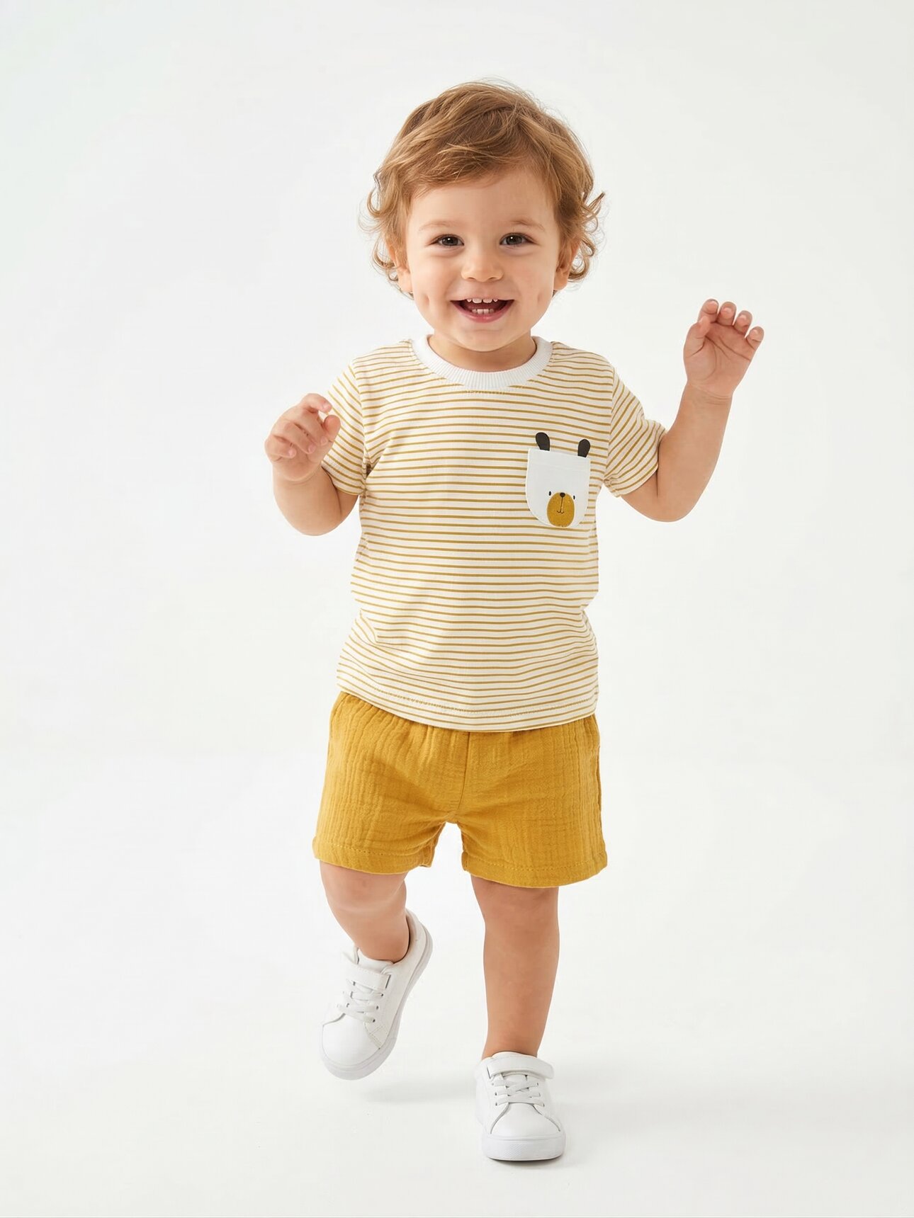 Pamuklu Sevimli Ayıcık Cep Detaylı Organik Müslin Şortlu Erkek Bebek 2li Şortlu Takım