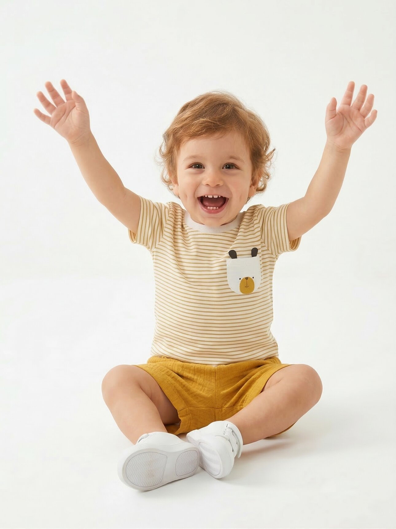 Pamuklu Sevimli Ayıcık Cep Detaylı Organik Müslin Şortlu Erkek Bebek 2li Şortlu Takım