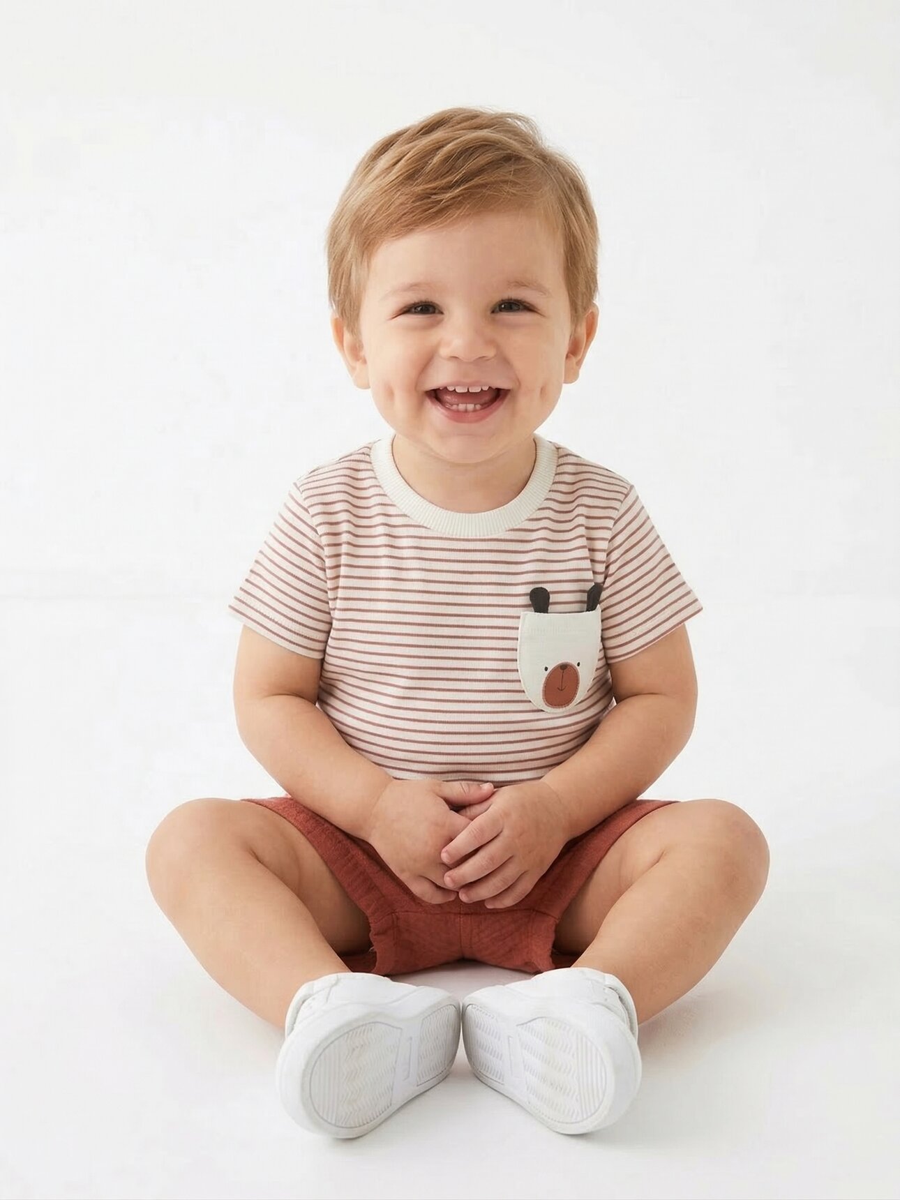 Pamuklu Sevimli Ayıcık Cep Detaylı Organik Müslin Şortlu Erkek Bebek 2li Şortlu Takım