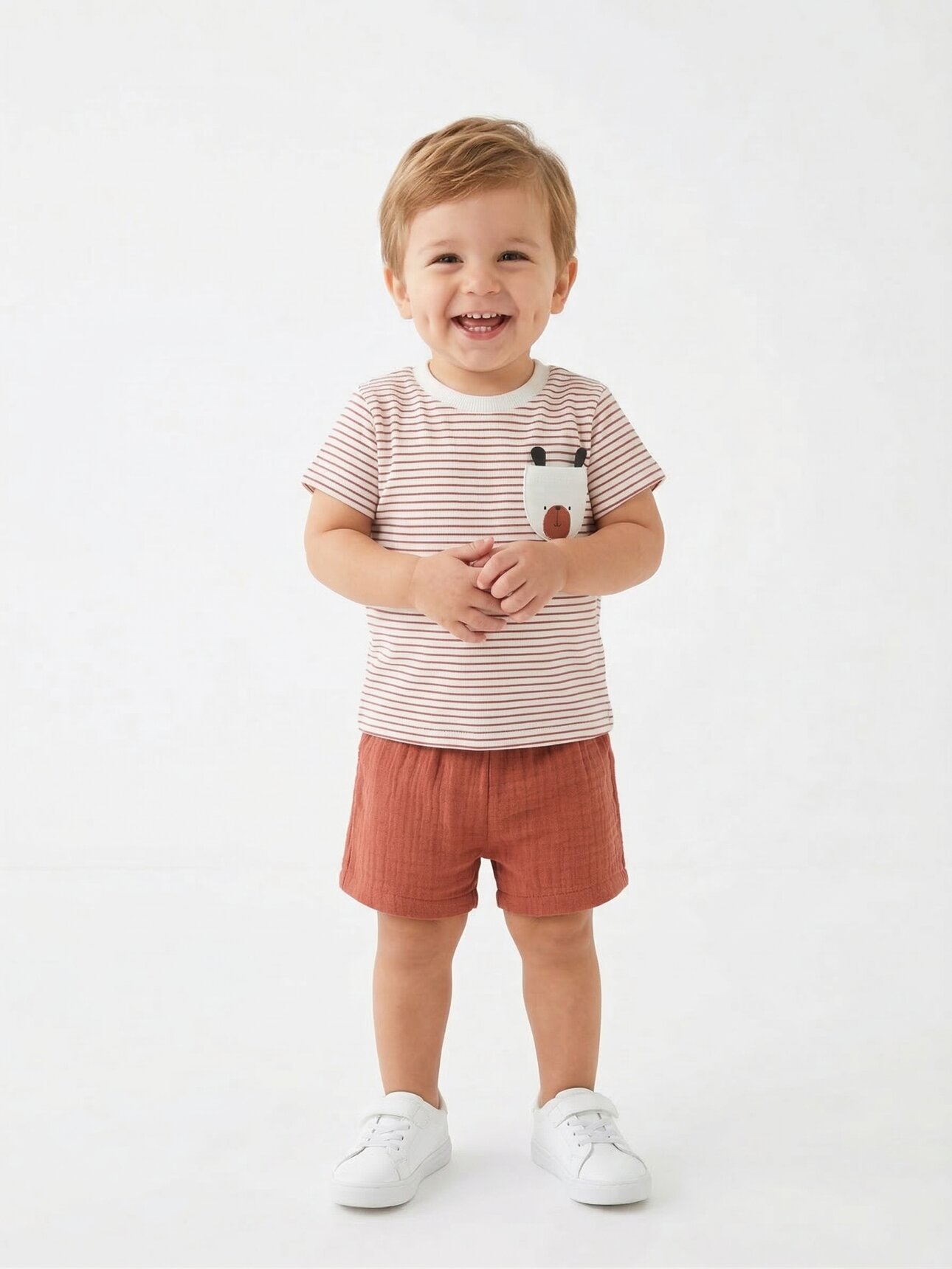 Pamuklu Sevimli Ayıcık Cep Detaylı Organik Müslin Şortlu Erkek Bebek 2li Şortlu Takım