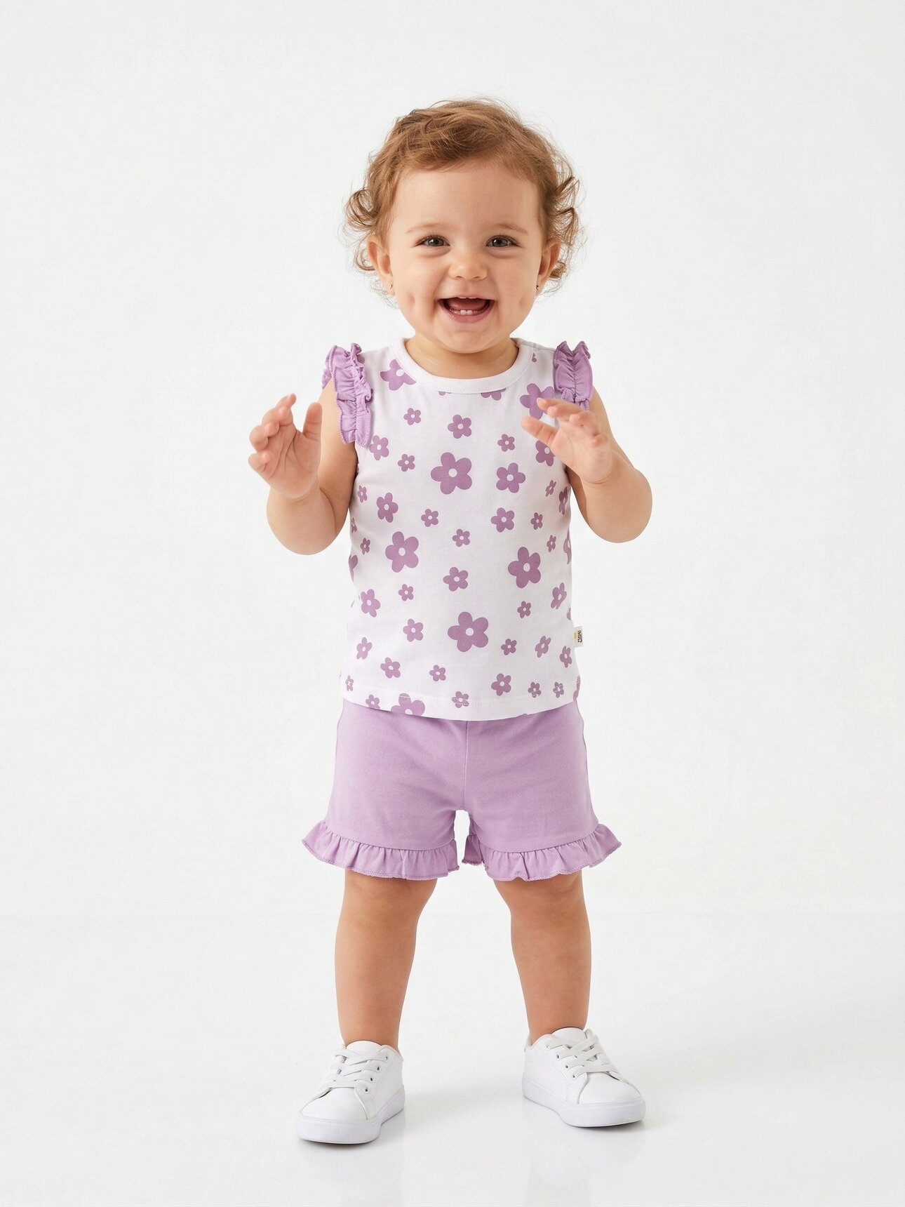 Pamuklu Çiçek Desenli Kız Bebek 2li Şortlu Takım