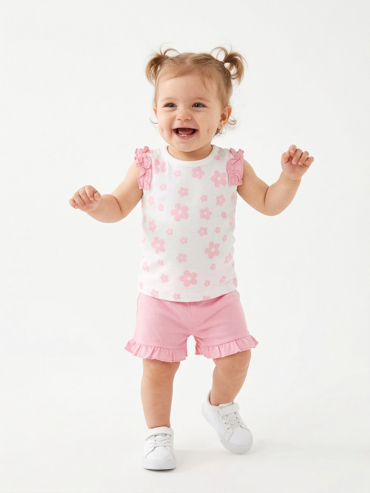 Pamuklu Çiçek Desenli Kız Bebek 2li Şortlu Takım