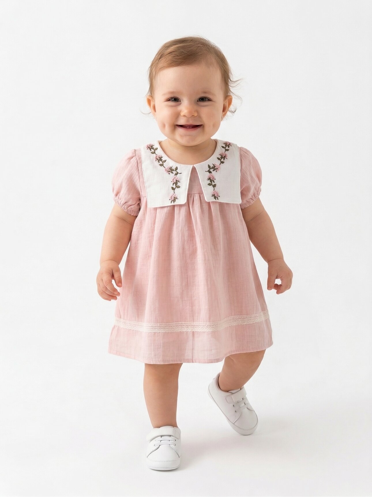 Organik Çiçek İşlemeli Kız Bebek Elbise