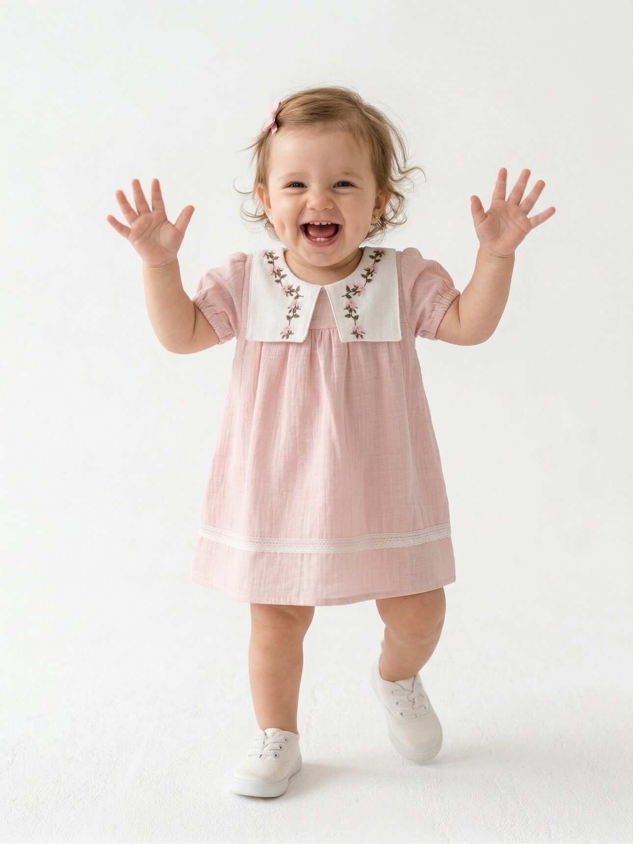 Organik Çiçek İşlemeli Kız Bebek Elbise