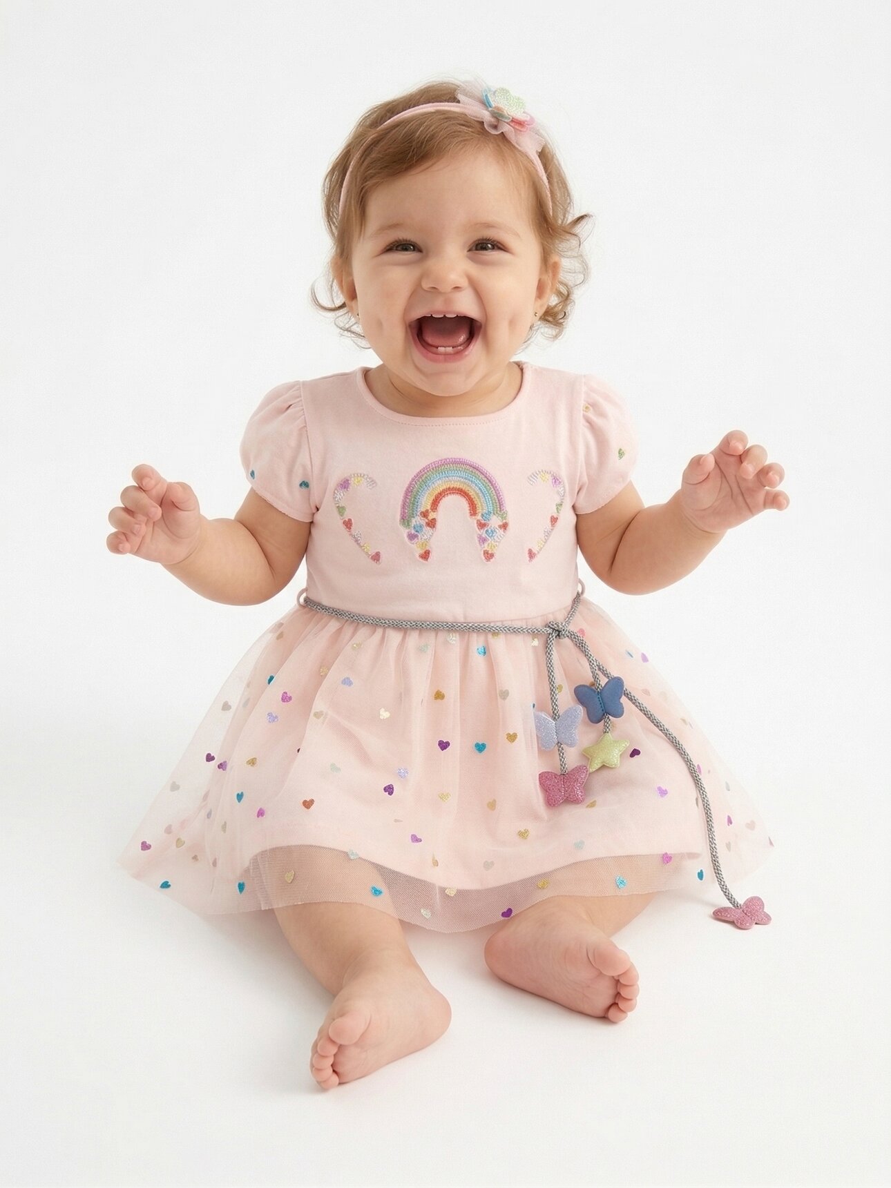 Pamuklu Gökkuşağı Desenli Kız Bebek Elbise