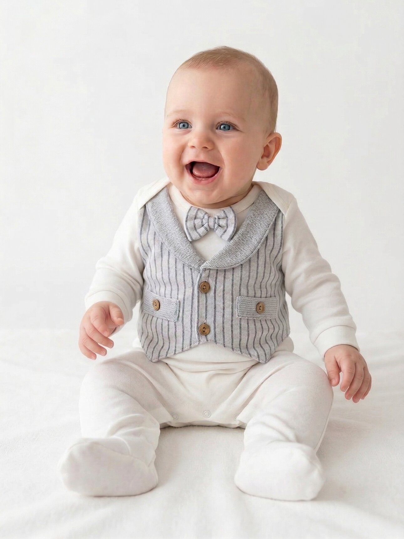 Pamuklu Papyon Detaylı Çizgili Erkek Bebek Tulum