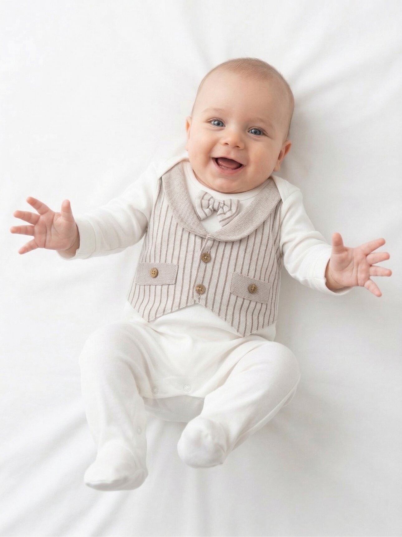 Pamuklu Papyon Detaylı Çizgili Erkek Bebek Tulum