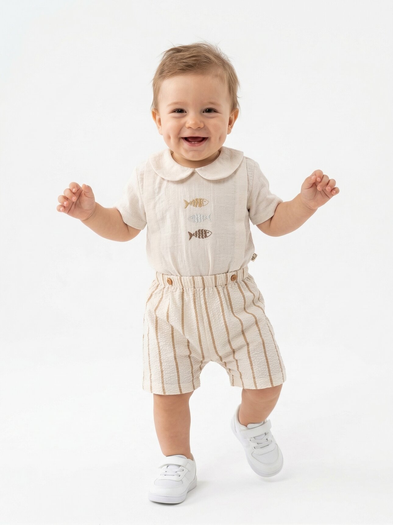Pamuklu Balık Deteylı Bebe Yaka Erkek Bebek Şortlu Tulum