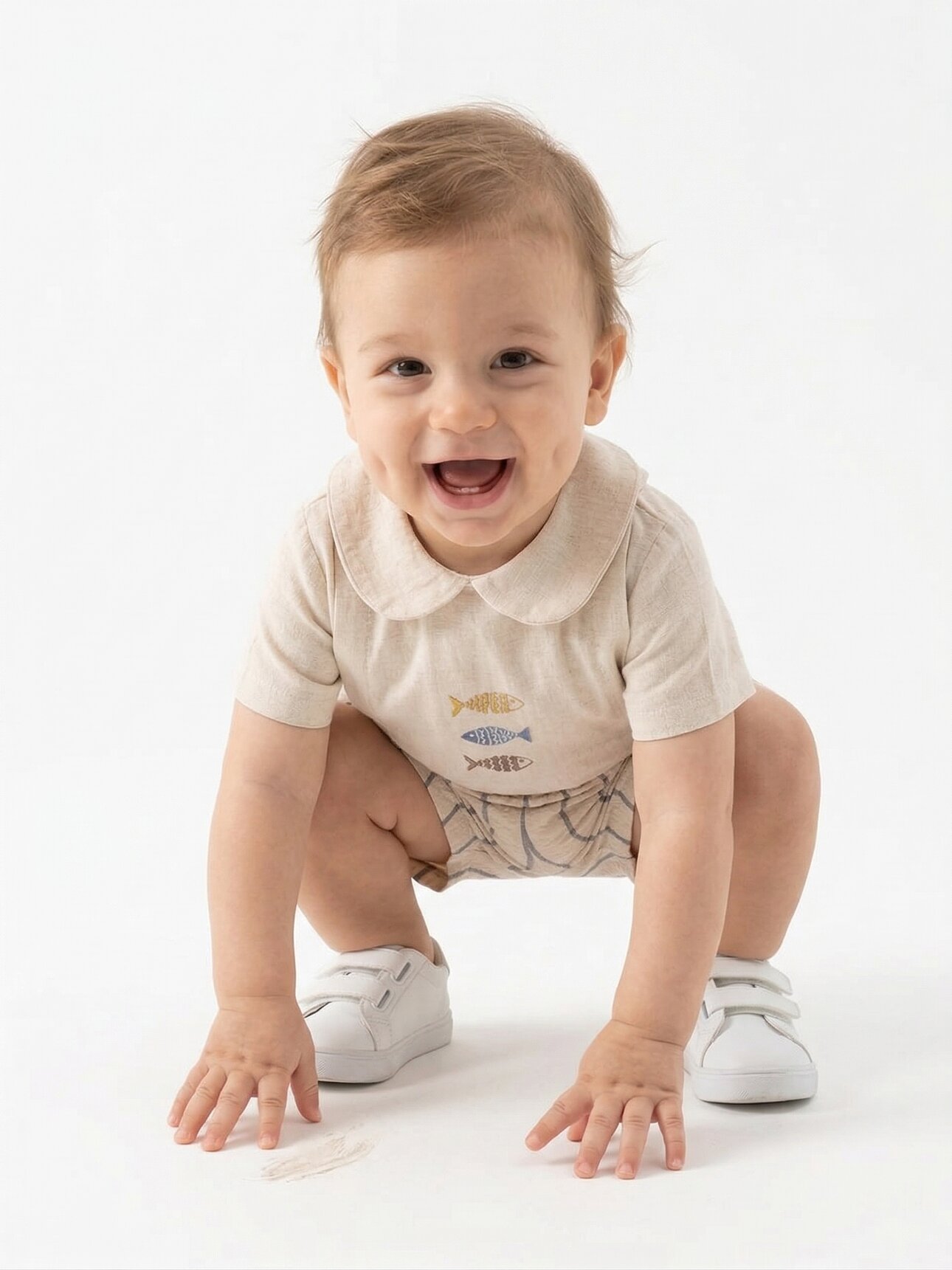 Pamuklu Balık Deteylı Bebe Yaka Erkek Bebek Şortlu Tulum