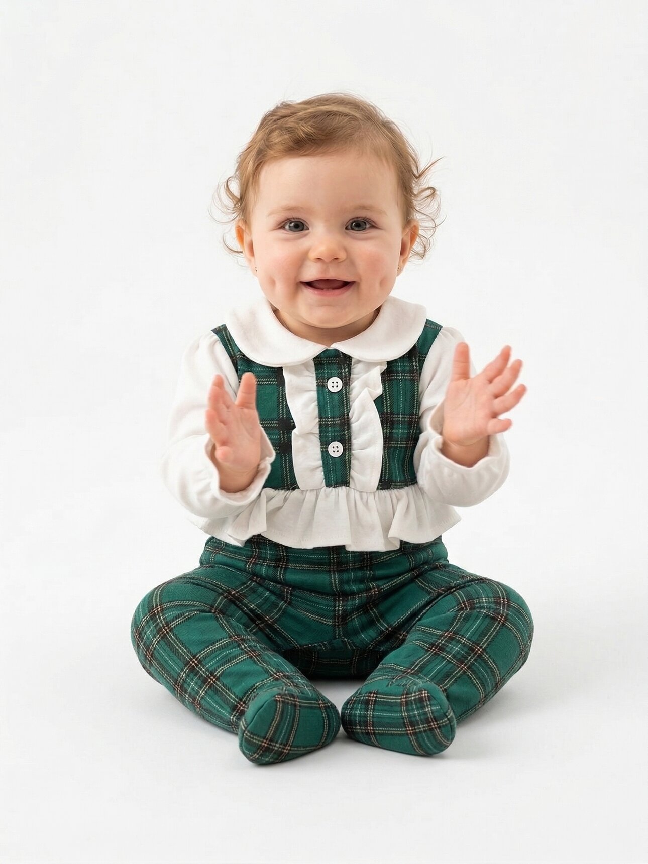 Pamuklu Ekose Desenli Düğme Detaylı Uzun Kollu Kız Bebek Tulum