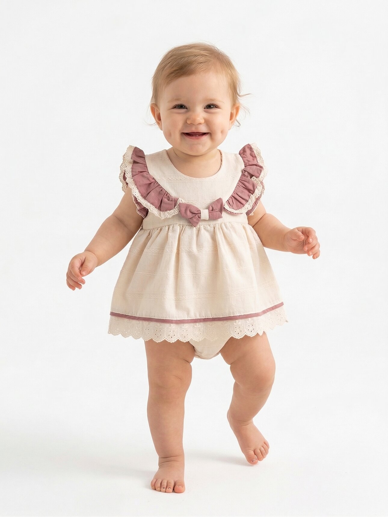 Organik Pamuklu Dantel Detaylı Kız Bebek Keten Zıbınlı Elbise